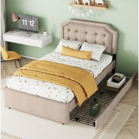 Bett mit 2 Schubladen 90x200 cm gepolstert Dunkelbeige OKMYHOME (1/5)