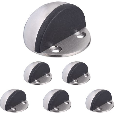 Relaxdays Door Stopper, Set of 6, for the Floor, for Screwing & Gluing, incl. Materials, Flat Room Bumper, Silver/Black