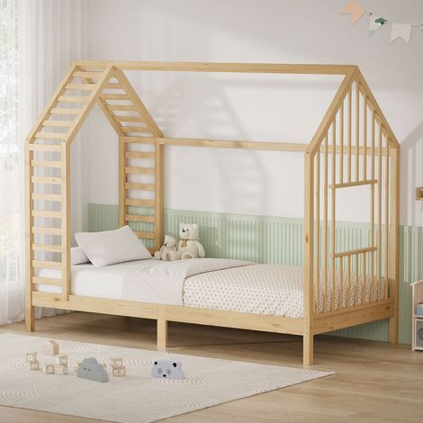 ML-Design Letto Montessori per bambini, a casetta, con rete a doghe 90x200 cm, lettino singolo con tetto e finestra per bambine, struttura in legno massiccio di pino, ideale per cameretta, naturale (1/5)