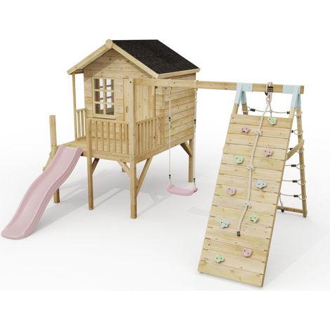 ClassicPlay Premium 5ft Playhouse on Deck with Single Swing, Slide and Climbing Wall Dusky Pink (1/5)