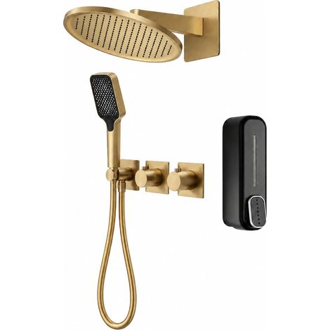 IMEX - Conjunto de ducha empotrada termostática de 2 vías Inari, Oro cepillado (1/5)
