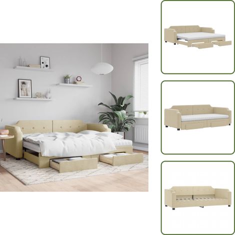 The Living Store Tagesbett Ausziehbar mit Schubladen Creme 90x200 cm Stoff - Schlafsofa
