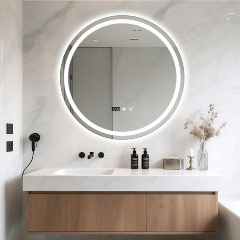 FIANAO – Miroir rond de salle de bain LED 60 cm – antibuée, interrupteur tactile, heure et température (1/5)