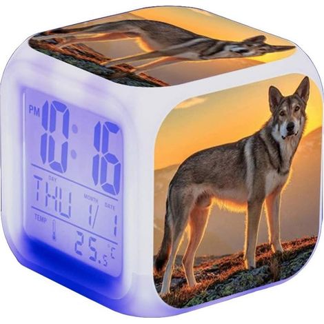 Réveil LED Wolf - Pour enfant - Réveil de chevet - Carré - Écran LCD éclairé - Motif loup (17) (1/5)