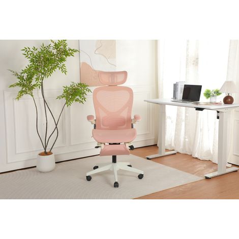 Chaise de Bureau Ergonomique Pliable en Mesh, Appuie-Tête 3D, Soutien Lombaire Réglable, Dossier Rabattable, Rose (1/5)