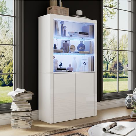 Vitrine mit LED Hochglanz Weiß 100x35x170 cm MDF OKMYHOME (1/5)