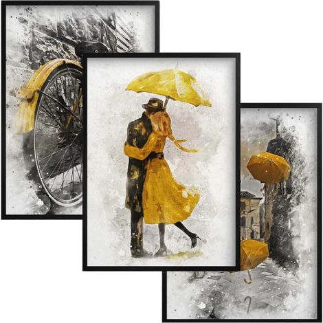 Wandkunst Poster in einem schwarzen Rahmen Gelbes Set Triptychon für das Schlafzimmer