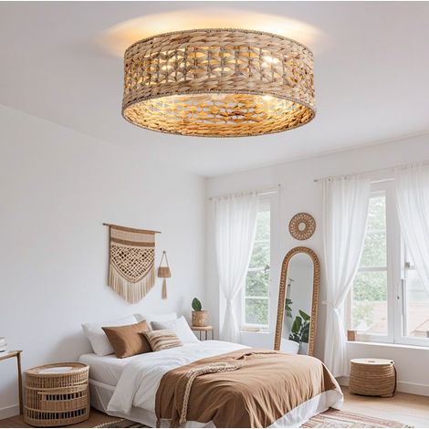 Ventilateur de plafond 19 pouces avec abat-jour en rotin, contrôle app et télécommande, 6 vitesses