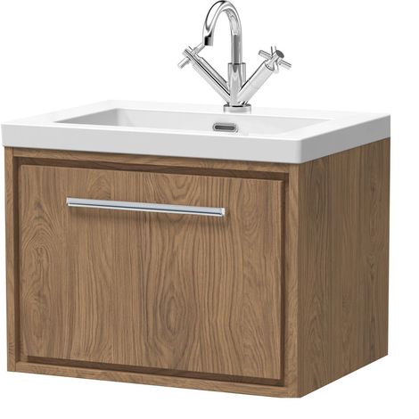 Longnor 1 Drawer Wall Hung Vanity Unit with 1 Tap Hole Modern Fireclay Basin, Antique Oak, 600mm (1/4)
