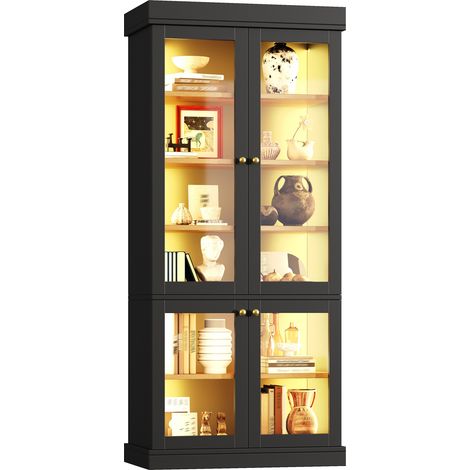 CHICFURN Armoire haute vitrée noire avec LED multicolore, rangements réglables, double anti-basculement et structure MDF métal, meuble de salon 80 x 40 x 180 cm (1/5)
