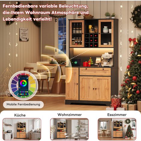 Armoire haute cuisine avec rangement, buffet mural à étagères réglables, vitrine porte coulissante, étagère épices intégrée, éclairage LED changeant, prise électrique, 180×105×40 cm (1/5)
