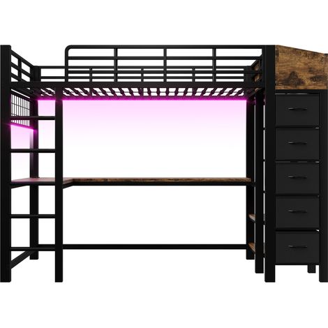 Cama alta metálica 90 x 200 cm negra con escritorio gaming, LED y almacenaje HOMVRA (1/5)