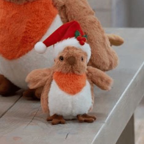 23cm Plush Christmas Robin Decoration with Santa Hat (1/2)