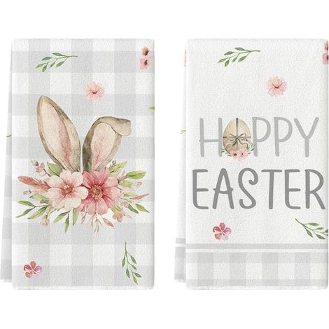 Serviettes de cuisine et torchons à carreaux buffle avec motifs floraux et oreilles de lapin, décoration de Pâques de printemps, 42x65 cm, Joyeuses Pâques, lot de 2 (1/5)