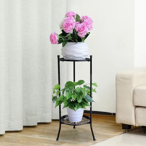 Support pour Pots de Fleurs Double en Métal Solide - Porte-Pots Double Étage en Fer Noir pour Plantes Indoor/Outdoor - Dimensions 50x24cm (1/5)