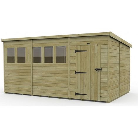 17ft x 10ft Pent Garden Shed Single Door With Windows - Pressure Treated Timber - L518 x W305 x H210 cm - Natural