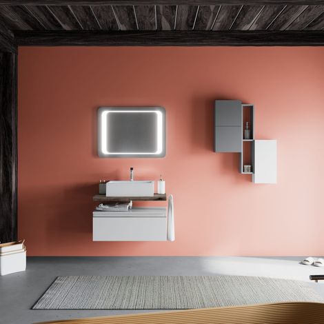 Mobile Bagno Sospeso 80Cm Cassetto Bianco, Top Rovere Fossile, Lavabo Lagos (1/5)