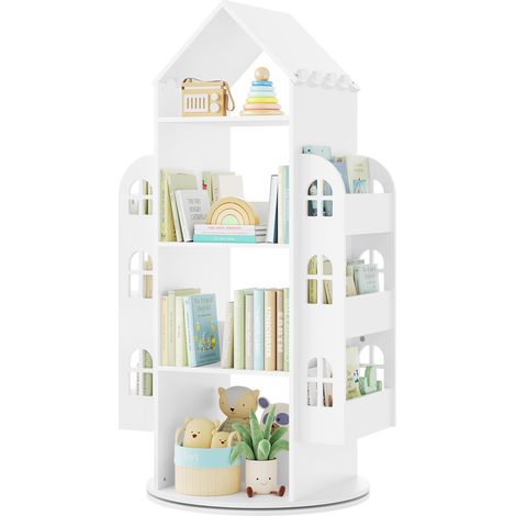 WOLTU Drehbares Bücherregal Kinder, Kinderregal Kinderbücherregal, mit 4 Ebenen, Regal Hausform, Weiß