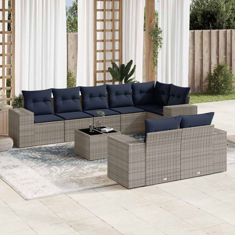 9-teiliges Gartensofa-Set mit Kissen, grau, Polyrattan (1/5)