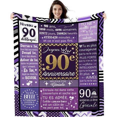 Couvertures d'anniversaire pour Femmes de 90 Ans 130 x 150 cm Pour Maman Mamie Tante Belle-mère Sœur Amie Cousine Copine Femme Collègue Joyeux Anniversaire Cadeau pour 90e Anniversaire (90-elle) (1/5)