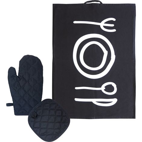 Set Torchon Cuisine Coton et Gants Four Assiette et Couverts, Couleur Noir