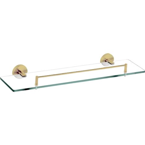 Étagère de salle de bain ronde - 1 pièce - Laiton brossé doré - Support en verre avec barre avant - Pour produits d'hygiène - Montage mural (1/2)