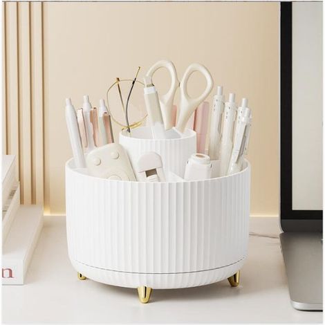 Organizador de escritorio (blanco), organizador de escritorio giratorio de 360 grados con 5 compartimentos, para lápices, material de arte y almacenamiento en el hogar (1/5)