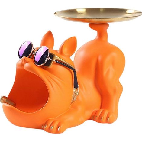 Figurine de bouledogue en résine, majordome avec plateau à bijoux, orange. (1/5)
