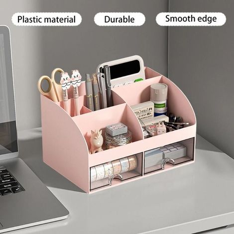 1 boîte de rangement bureau à domicile, 6 compartiments + 2 tiroirs, organisateur rose pour cosmétiques et papeterie, idéal pour espace restreint (1/4)