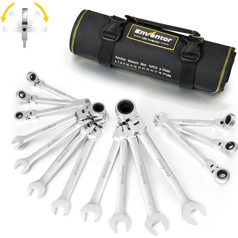 ENWENTOR Jeu de Clé Plate à Cliquet Articulées, 14 Pièces, 6-19mm, jeu Clés fourche et Mixtes, 72 dents, angle rotation 5°, acier au Chrome vanadium, étui Oxford - 14PCS-FELX (1/5)