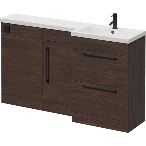 Napoli 390 Brown Oak 1500mm 2 Drawer Vanity Unit Toilet Suite with Right Hand Square Lucia Basin - 1500mm - Matt Black 320mm HandleWithout Kingston Toilet Pan