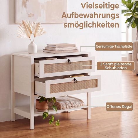 Lot de 2 tables de chevet blanches en rotin avec 2 tiroirs, étagère ouverte et pieds antidérapants pour chambre, salon et entrée (1/5)