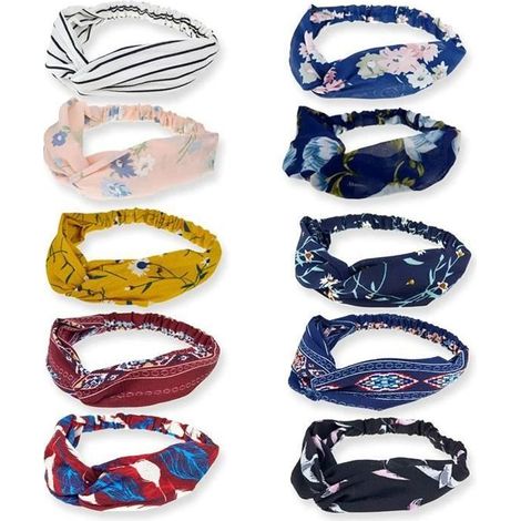 10 Pièces Bandeau Cheveux pour Femmes Boho Bandeaux Vintage Fleur Imprimé Noué Élastique Bande de Cheveux Extensible Tête Wrap-Ywey
