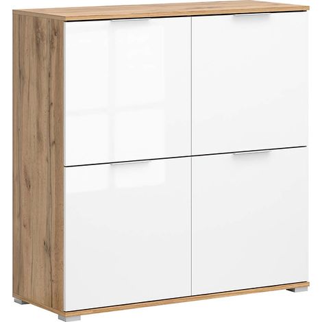 Meuble de rangement à 4 portes coloris Chêne wotan/Blanc brillant - Longueur 104 x Profondeur 41 x Hauteur 106 cm (1/5)
