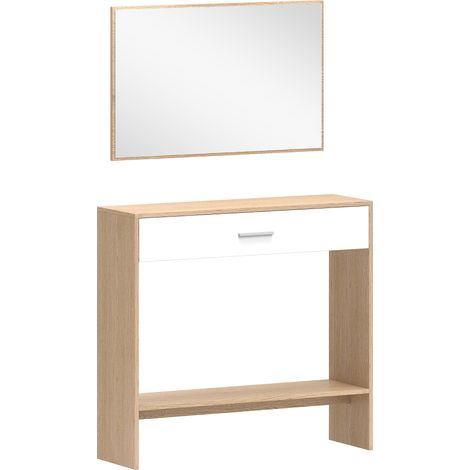 Table console étroite avec tiroir et étagère, miroir inclus, design moderne, 91,5 x 27,9 x 85,5 cm, finition chêne (1/5)