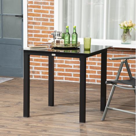 Mesa de jardín 80x80x74 cm negra de aluminio con tapa de vidrio templado para 4 personas (1/5)