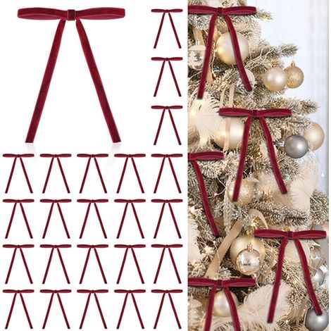 24 pcs nœuds de Noël en velours, 5 x 7 pouces, ruban décoratif rouge vin pour sapin, guirlandes et cadeaux