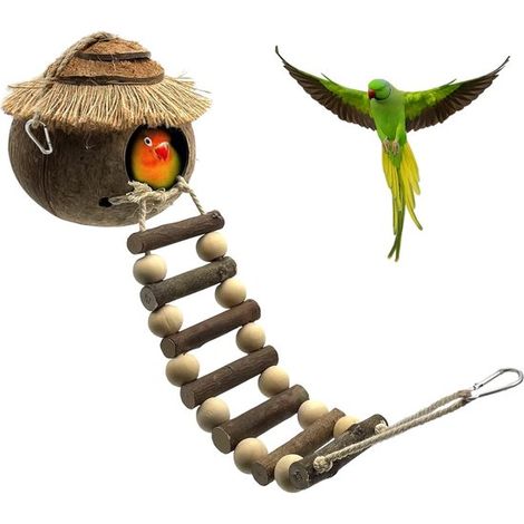 Casetta per uccelli sospesa con scaletta, nido per uccelli in fibre naturali di cocco, altalena per uccelli, accessorio per gabbie per pappagallini ondulati, fringuelli, pappagalli (1/5)