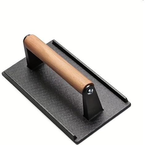 Pressa per griglia in ghisa con manico in legno, robusta, per bistecche e hamburger, nera