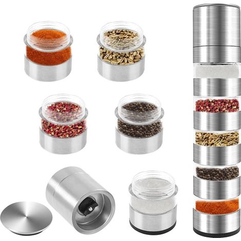 Salz und Pfeffermühle, 5-in-1 Gewürzmühle, Verstellbarem Keramikmahlwerk, Edelstahl Gewürzgläser Set, Manuelles Mahlen, Salzmühle für Grobes Salz, Pepper Grinder für BBQ, Camping, Reise (1/5)