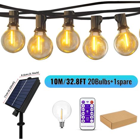 Guirlande lumineuse solaire extérieure (10 m, 20 ampoules G40), chargeur USB, 8 modes d'éclairage, ampoules incassables, résistante aux intempéries. (1/5)
