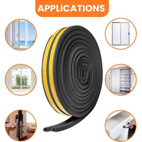 Bandes d'étanchéité pour portes et fenêtres, bandes d'étanchéité en mousse autocollantes, coupe-vent et insonorisantes (Noir, 6 m x 2, type D) (1/4)