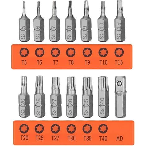 Lot de 14 Embouts de Tournevis Torx T5 - T40 Magnétiques 1/4" Hex Tige Embout S2 Acier Étoile Tête Sécurité Tamper Proof Torx Inviolable Tournevis Embouts (Longueur 25 mm) (1/5)