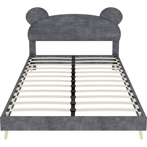 Cama infantil 140x200 cm gris en tejido y metal con cabecero de peluche (1/5)