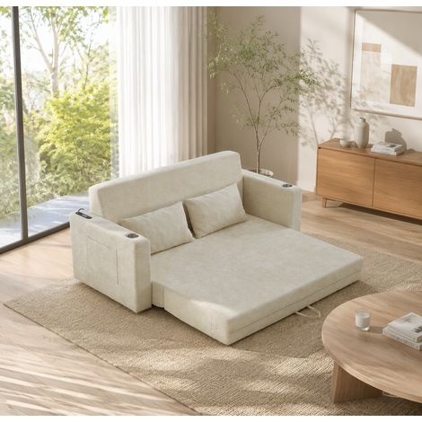 2-Sitzer-Schlafsofa aus beigefarbener Chenille mit USB, 2 Kissen HAVRYA (1/5)