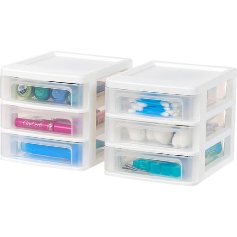 Lot de 2 - Tour de Rangement - Organisateur Bureau - 3 Tiroirs Plastique Transparent Format B6 Ouverture Facile Pour Fournitures Scolaire Blanc 17,1x21,3x17,5cm (1/5)