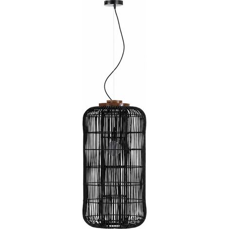 Suspension en rotin noir graphique - noir et bois (1/5)