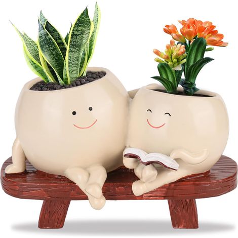 Lot de 2 pots à fleurs souriants avec drainage pour succulentes. (1/5)