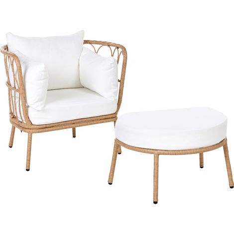 Chaise de Jardin avec Repose-pieds Pieds en Acier Coussins Blanc Cassé Mobilier de Jardin en Rotin PE Marron Clair Fonni (1/5)