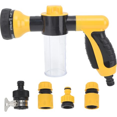 Lance de douche ergonomique pour chien avec réservoir à savon renforcé, jaune, adaptée au tuyau d'arrosage pour animaux. (1/5)